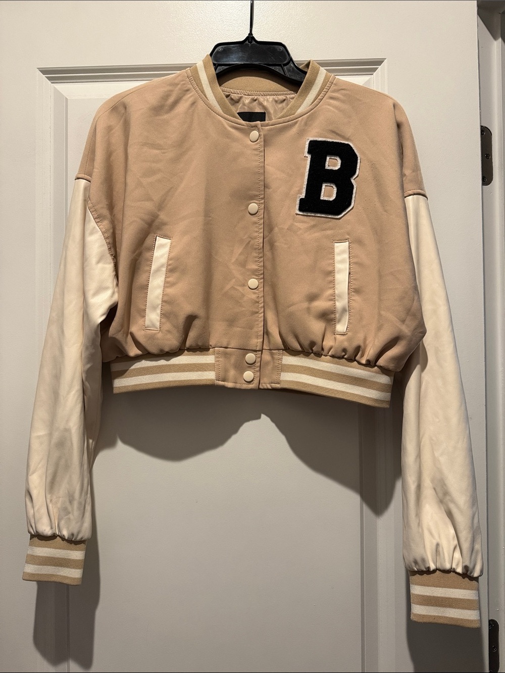 Love Tree Beige and Cream Cropped Varsity Jacket with Black B Patch